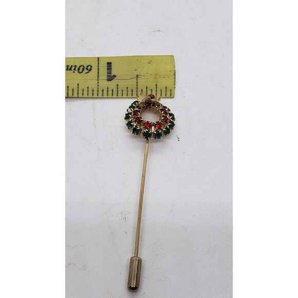 Vintage Christmas Wreath Stick Pin Rhinestone Gold Tone Holiday Lapel Brooch - Picture 8 of 9